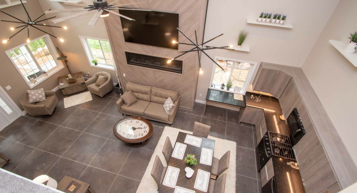 RAM 20-917 Overhead view of living space, dining area, and kitchen from mezzanine